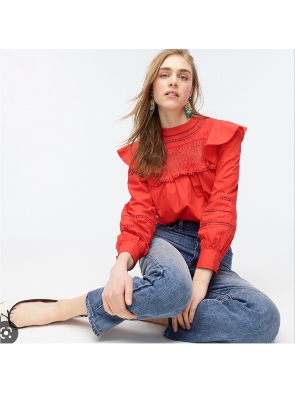 J. Crew Red Lace-Yoke Ruffle Blouse Size Small
